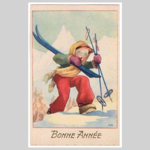 Carte postale française vintage - Un garçon fait du ski de fond aux sports d'hiver du Nouvel An - Carte de voeux rétro illustrée non utilisée vers 1950