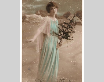 Vintage real photo postcard - Woman angel Christmas - Antique hand tinted edwardian rppc ca1915