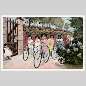 Antike Multiple Babys Postkarte - Surrealismus Kinder auf Fahrrädern Fahrrad Radsport Lithographie - Vintage Grußkarte um 1905