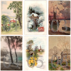 VENTE - Carte postale illustrée vintage - Peinture de paysage, art français, arbres, flore, fleurs, neige, hiver - Choisissez et choisissez - RPPC Lot 1