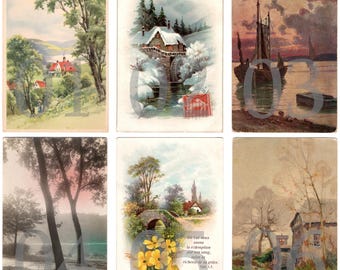 VENTE - Carte postale illustrée vintage - Peinture de paysage, art français, arbres, flore, fleurs, neige, hiver - Choisissez et choisissez - RPPC Lot 1