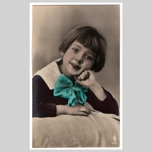 Vintage real photo postcard - Young girl portrait art deco bob cut hand colored - Antique German rppc greeting card 1925