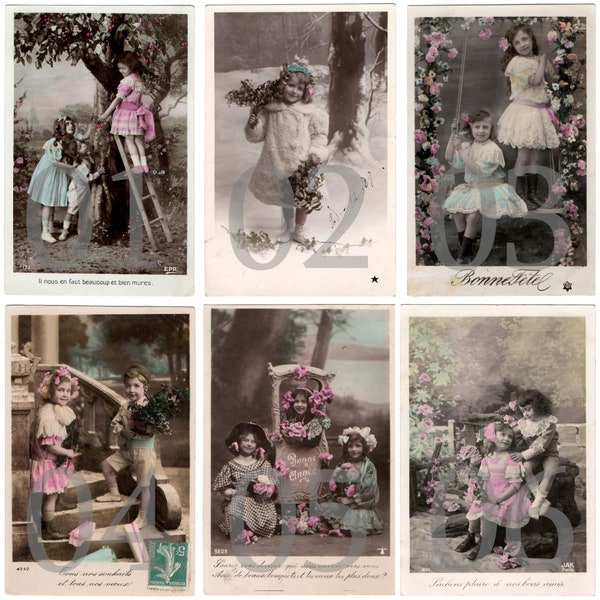 Vintage French children photo postcard - Edwardian victorian girl boy kids fashion dress flowers - Pick and choose - Hand tinted RPPC Lot 1