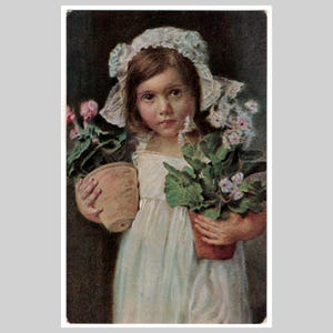 Vintage art postcard - Young girl child painting potted plants a/s Fuks - Antique illustrated greeting card ca 1915