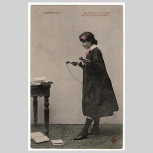 Vintage real photo postcard - Young girl plays with jump rope edwardian fashion playing children - Antique French rppc greeting card ca 1905