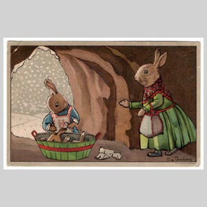 Vintage Postkarte - Anthropomorphe Kaninchen Bunnies baden Künstler signiert - Retro illustrierte Grußkarte 1957