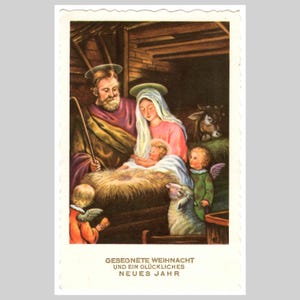 carte postale religieuse vintage - Nativité Marie bébé Jésus anges Noël chrétien catholique - Carte de voeux ancienne vers 1950