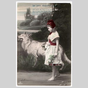 Vintage echte Foto Postkarte - Rotkäppchen Märchen Wolf Mädchen Grimm Mädchen handkoloriert RPPC - Antike Grußkarte ca 1905
