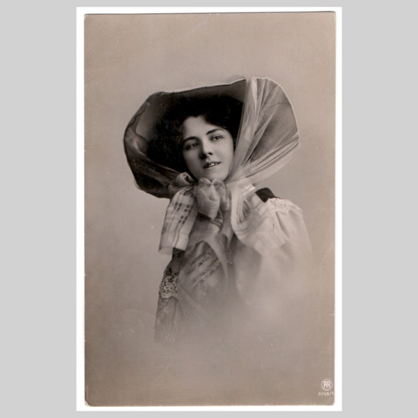 Vintage photo postcard - Woman lady girl hat fashion - Antique black and white rppc greeting card 1916