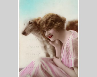 Vintage borzoi real photo postcard - Girl woman dog art deco - Antique French rppc 1923