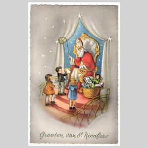 Carte postale rétro du Père Noël du vieux monde - Poupée jouets pour enfants Saint-Nicolas - Carte de voeux belge vintage 1964