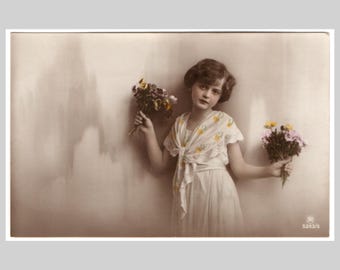 Vintage real photo postcard - Young girl child portrait hand tinted - Antique German rppc ca1915