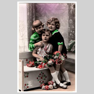 Antieke echte fotokaart - Kindermeisjes art deco mode bloemen - Vintage Franse handgekleurde rppc-wenskaart ca 1930
