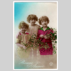 Vintage real photo postcard - Children girls period art deco fashion new year - Antique hand tinted French rppc greeting card 1924