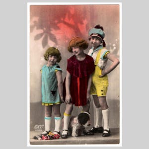 Vintage real photo postcard - Children girls period art deco fashion - Antique hand tinted French rppc greeting card ca 1930