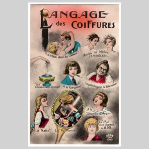 Antieke Franse ansichtkaart - De taal van de kapsels collage ongebruikt met de hand getint - Vintage art-deco ansichtkaart wenskaart ca 1925