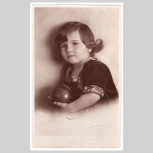 Antique rppc - Cute little girl studio portrait - Vintage German sepia private real photo postcard ca 1920