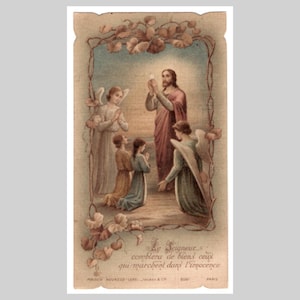 Antieke Franse religieuze katholieke heilige kaart Europese gebedskaart vintage - Jezus Christus kinderen engelen communie 1920
