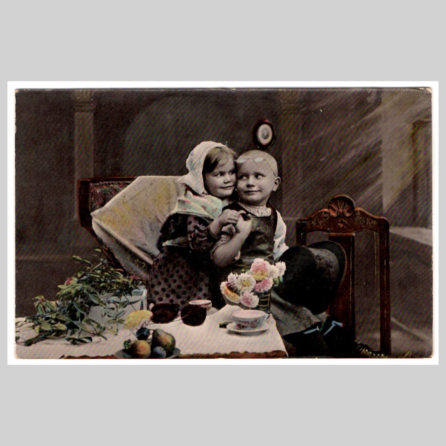 Edwardian children postcard - Girl boy dress as old people grandparents - Antique unused German litho greeting card ca 1905