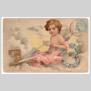 carte postale vintage angel - chérubin chevauche une clé rubans coeur myosotis - ancienne carte de voeux illustrée française dorée 1904