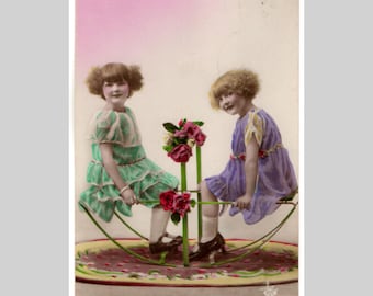 Vintage real photo postcard - Little girls playing children seesaw - Antique art deco rppc ca1925