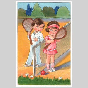 Cartolina d'epoca art déco - Ragazzo e ragazza che flirtano nel tennis in stile art déco - Biglietto d'auguri illustrato antico del 1932