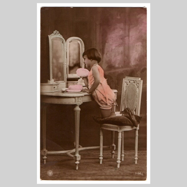 Vintage photo postcard - Little girl child portrait powder puff vanity dresser makeup table mirror - Antique  rppc greeting card ca 1920