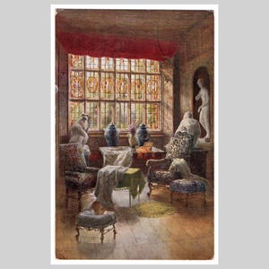 Vintage still life postcard - Home interior artwork furniture painting - Antique old greeting card lithograph ca 1915
