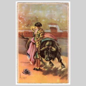 Antike spanische Stierkampf Postkarte - Matador mit Stiermalerei - Vintage Retro Mid Century illustrierte Grußkarte 1949
