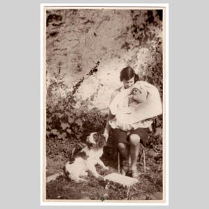Antique Belgian rppc - Woman lady mother child dog portrait garden outdoors - Vintage private real photo postcard 1928