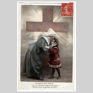 Antieke ansichtkaart non - klein meisje kruis religieus christelijk-katholiek - antieke Franse edwardiaanse rppc handgekleurde wenskaart 1907