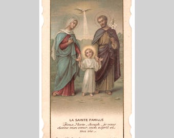 Antique Belgian religious catholic holy prayer card vintage lithograph - Jesus Virgin Mary Joseph ca1915