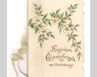 Die cut folded greeting card - White flowers blossoms embossed gilded engagment unused - Antique German ephemera ca 1920