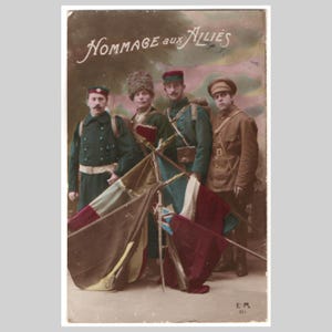 May include: A vintage postcard titled Hommage aux Alliés featuring four soldiers in military uniforms standing behind a collection of draped flags. The soldiers wear various hats and coats, with one wearing a fur hat, while the flags are arranged in a central cluster. The image has a muted, sepia-toned color palette with subtle hand-tinted details.