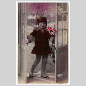 Cartolina fotografica francese d'epoca - Ritratto di bambina in stile art déco, cappotto, giacca, moda, neve che cade - Biglietto d'auguri antico rppc 1930