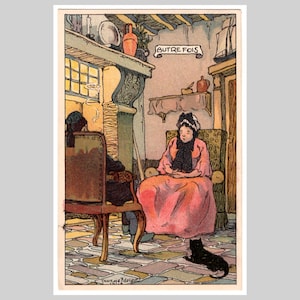 Carte postale vintage - Couple à l'époque, cheminée à foyer ouvert, chat noir, intérieur de la maison - Ancienne carte de voeux illustrée rétro du milieu du siècle, vers 1950