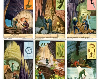 1956 - Speleology geology spelunking cave exploration caving - Full set of 6 vintage Belgian Liebig trade cards