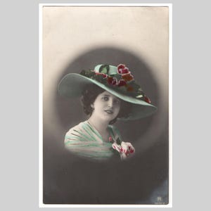 Antique real photo postcard - Woman lady fashion hat glamour hand colored - Vintage German RPPC 1912