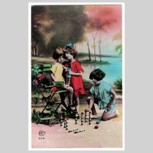 Antique real photo postcard - Children girls toys doll bowling art deco - Vintage hand tinted rppc greeting card 1932