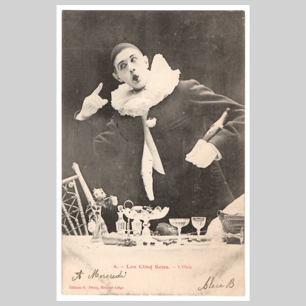 Vintage French Pierrot postcard - Clown costume dinner circus act five senses hearing - Antique victorian rppc greeting card 1902 (1)