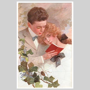 Cartão postal romântico vintage - Casal lê livro sobre trepadeiras - Cartão de felicitações ilustrado em litografia italiana antiga de 1921