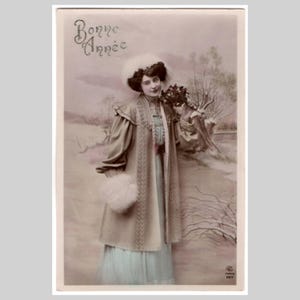 Postal vintage con foto real - Mujer, estilo Art Nouveau, invierno, moda, glamour, Año Nuevo - Tarjeta de felicitación francesa antigua, estilo RPC eduardiano, ca. 1910
