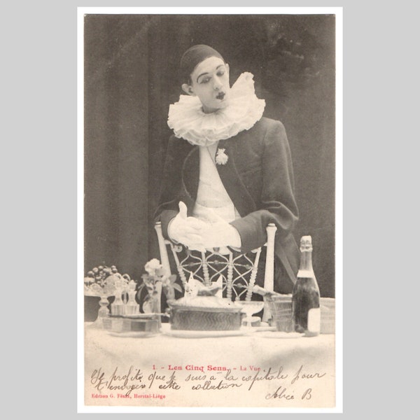 Vintage French Pierrot postcard - Clown costume dinner circus act five senses sight - Antique victorian rppc greeting card 1902 (2)