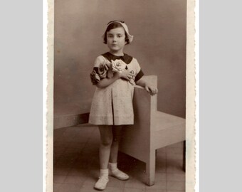 Antique French rppc - Little girl lovely period dress sepia studio portrait children art deco - Vintage private photo postcard 1936