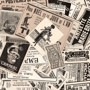24 anúncios franceses antigos - Enfeites de anúncios ilustrados vintage - Pacote de papel efêmero fornecimento de lixo diário artesanato colagem álbum de recortes