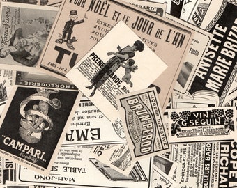 24 anuncios franceses antiguos - Adornos publicitarios ilustrados vintage - Paquete de papel para manualidades, collage y álbumes de recortes