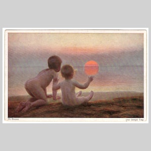 Vintage illustrierte Postkarte - Kinder Uhr Sonnenuntergang Ozean Meer Malerei Künstler signiert Brassen - Antike Grußkarte 1918