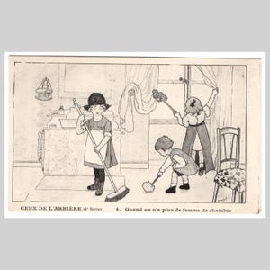 Cartolina d'epoca della prima guerra mondiale - Bambini che puliscono la casa - Antica cartolina d'auguri francese illustrata, inutilizzata, del 1915 circa