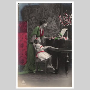 Stara pocztówka ze zdjęciem - Kobieta, dziewczyna, pianista, artysta, muzyk, muzyka, kukiełka - Antyczna kartka z pozdrowieniami rppc 1919