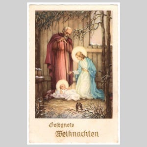 Carte postale de Noël vintage - Enfant Jésus de la Nativité, Marie-Joseph - Lithographie de carte de voeux illustrée allemande rétro vers 1950